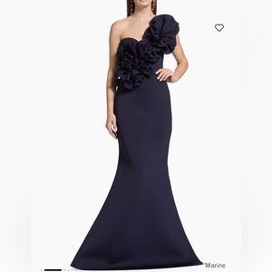 Badgley Mischka Ruffle One Shoulder Gown in Marine Navy Blue